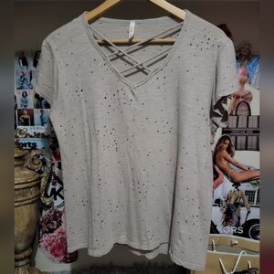 Orange Creek Light Beige Holey Strappy V Neck Top